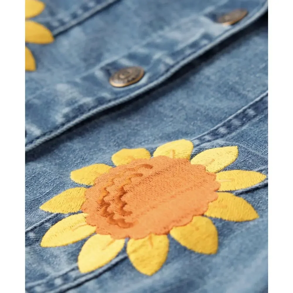 Gymboree Long Sleeve Appliqué Sunflower Girl’s Denim jean Jacket Size 7 sherpa